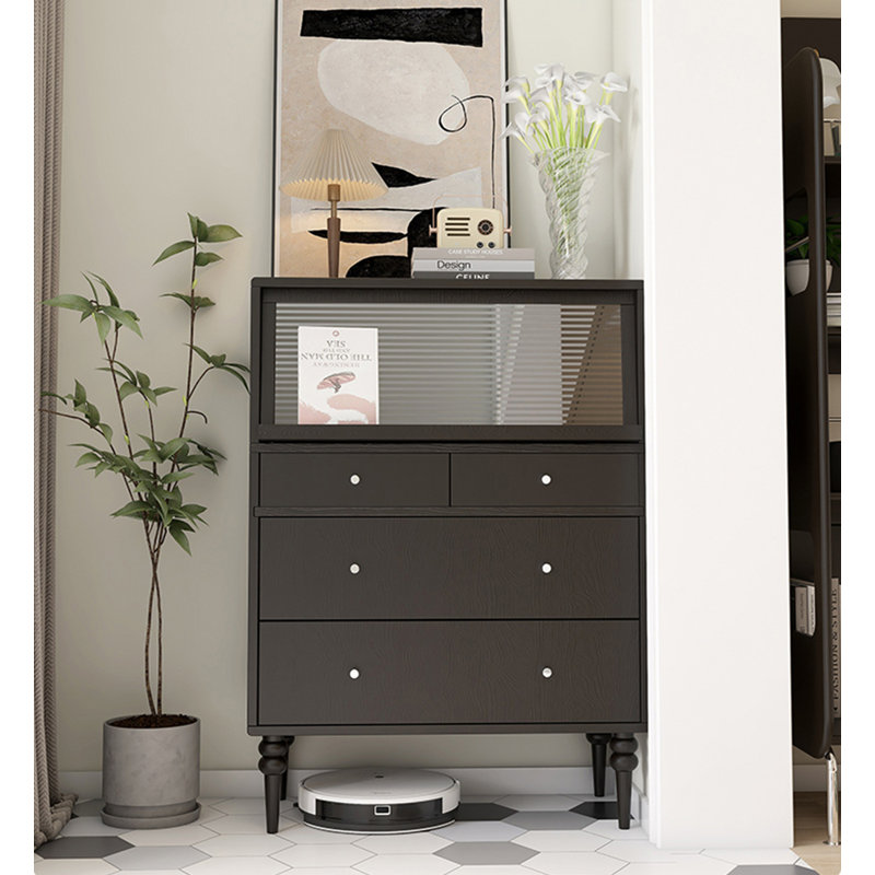 Commode en bois avec plusieurs tiroirs à porte rabattable, Noir