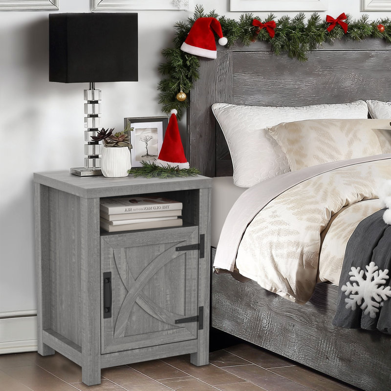 Farmhouse Nightstand With A Cabinet And Open Compartment, Gray