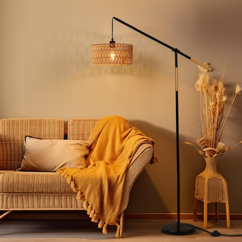 Aarzo 68" Bohemian Rattan Arched/Arc Floor Lamp with Foot Switch and Adjustable Arm, Black