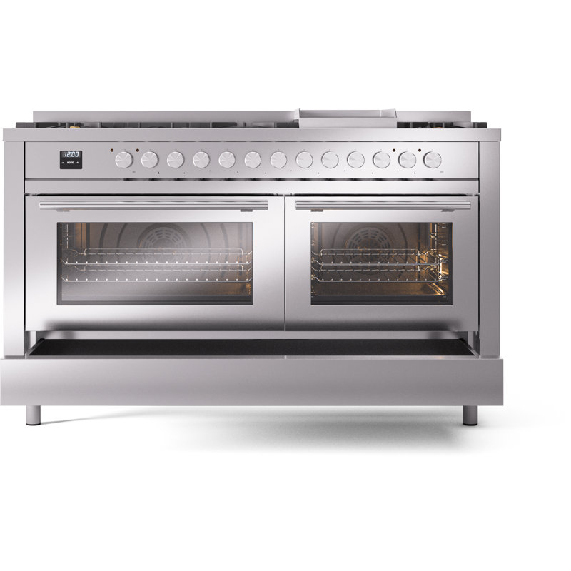 ILVE Professional Plus II 60 Dual Fuel Range, 9 Sealed Burners, Griddle (Stainless Steel), Stainless Steel, Liquid Propane