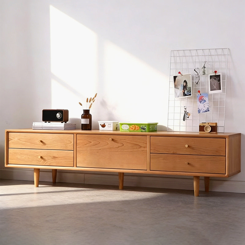 Meuble télé moderne en bois massif de couleur cerisier, Cerisier, H 5,91 po x L 82,68 po x l 15,75 po