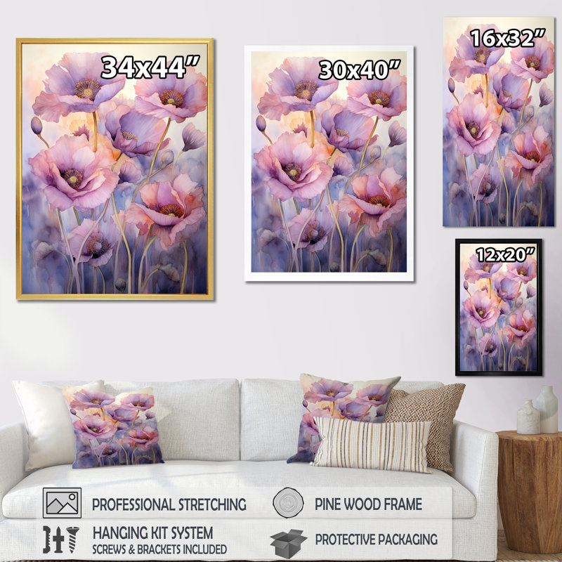 Voile violet - Délicat coquelicots Moment II, Cadre flottant noir, H 40 po x l 30 po