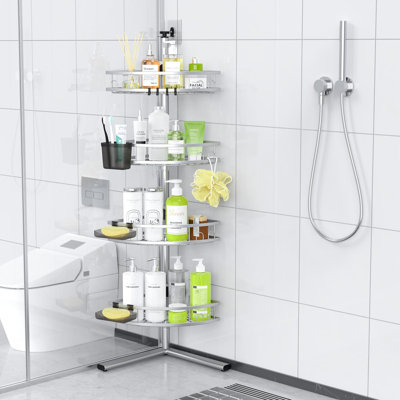 Floor Standing Corner Shower Caddy - Rustproof Shower Stand Shelves, 4-Tier No Drill Organizer with Adjustable Shelves, Chrome