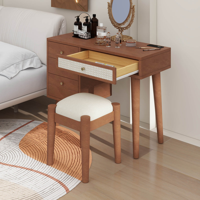 Ensemble coiffeuse en bois de style rétro avec prise de recharge, ports USB et tabouret rembourré, Noyer