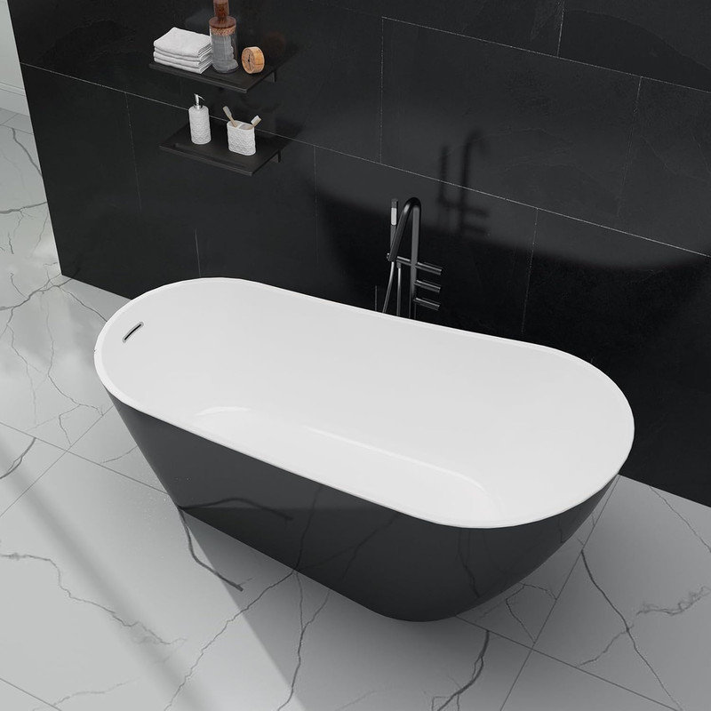 59/67 in Black Freestanding Bathtub, Oval Acrylic Soaking Tub with Chrome Drain, cUPC Certified, Black
