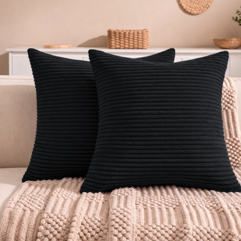 Aspire Homeware Striped Square Velvet Cushion Cover, Black, Pack of 2