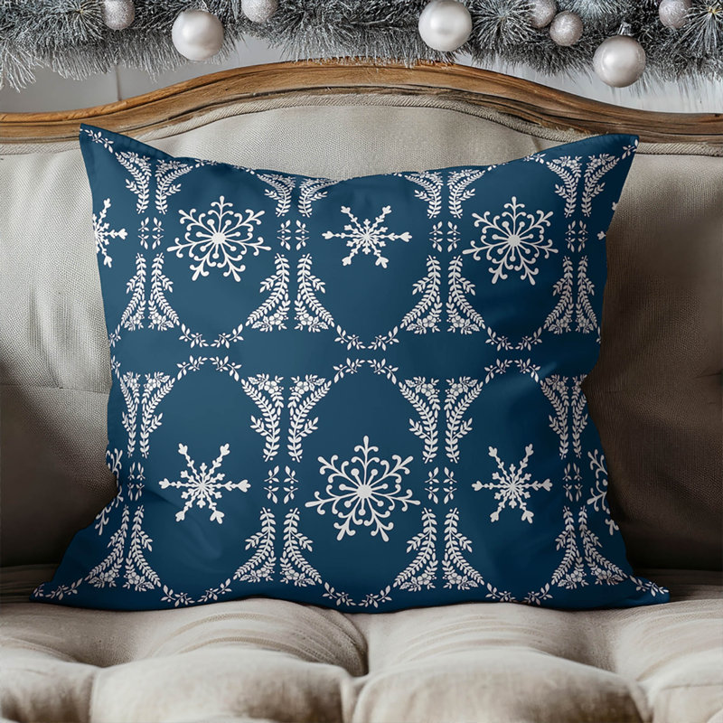 Coussin décoratif d'intérieur à motif de flocons de neige, Bleu très foncé, Carré 16 po