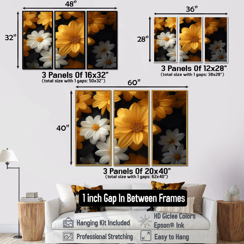 Ensemble de décorations murales jaune et blanc parfumées Fusion Mums I - Mums, Toile naturelle avec cadre flottant
