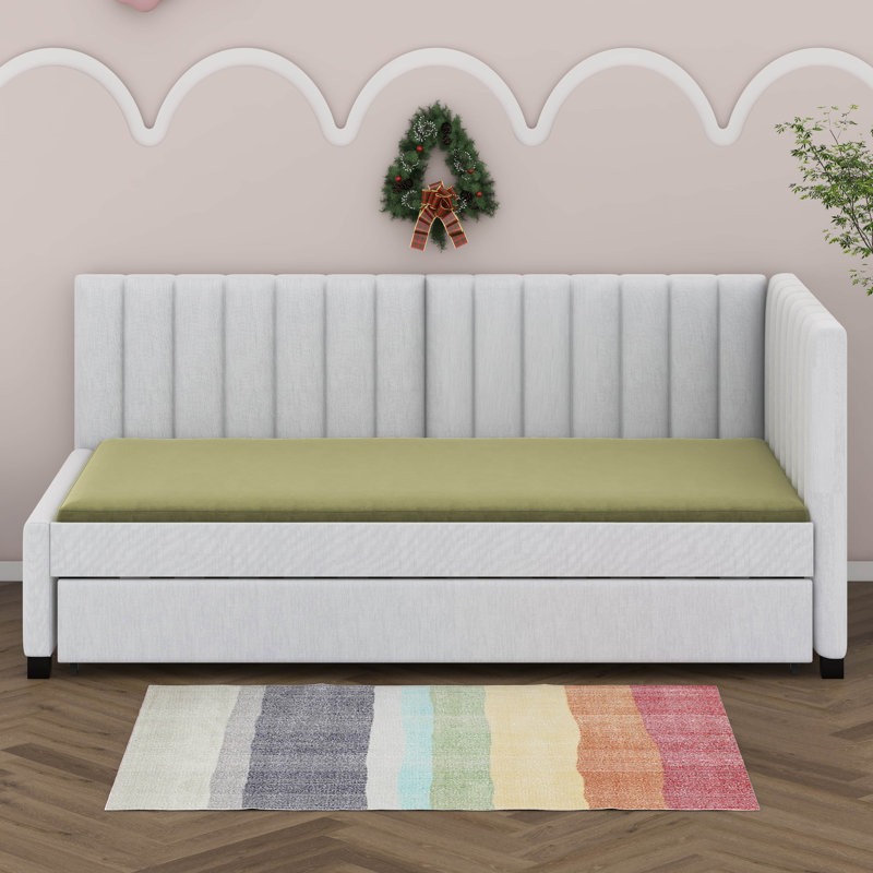 Twin Size Upholstered Daybed, Linen Fabric Sofa Bed With Trundle For Bedroom, Wood Slat Support, No Box Spring Needed, Beige
