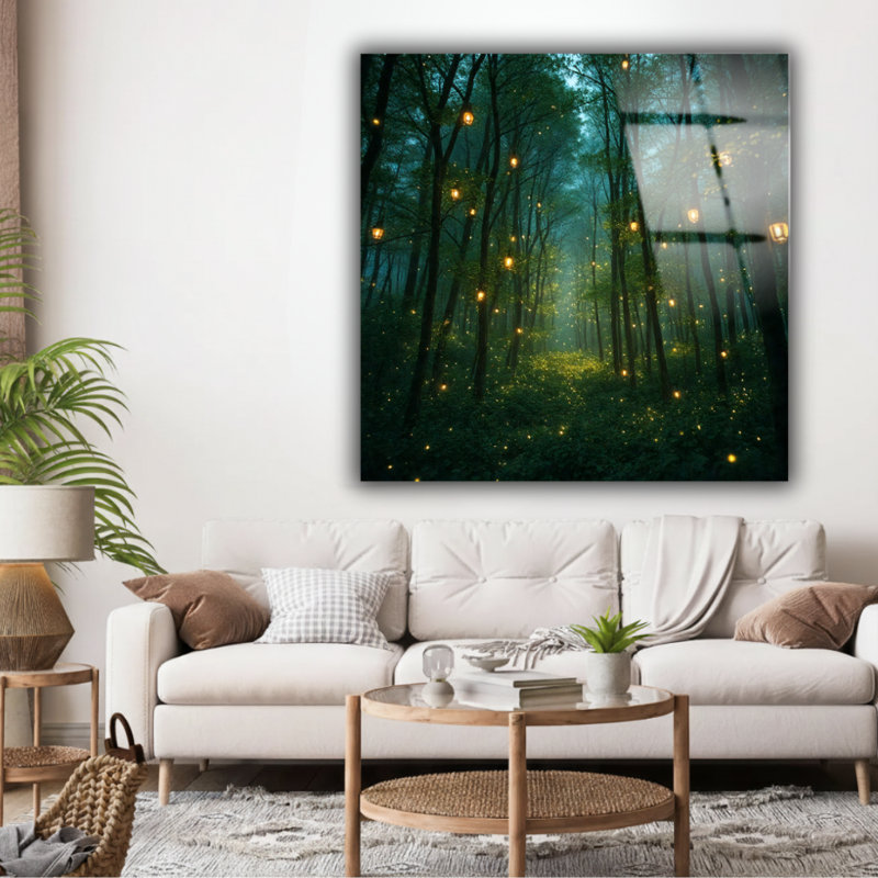 Fireflies Night Forest Enchanted Woodland Glass Art, décoration murale pour le salon ou la chambre à coucher