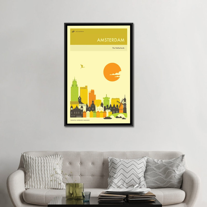 « amsterdam horizon », impression sur toile, H 26 po x l 18 po x P 1,5 po, Toile avec cadre noir, Pas de tapis