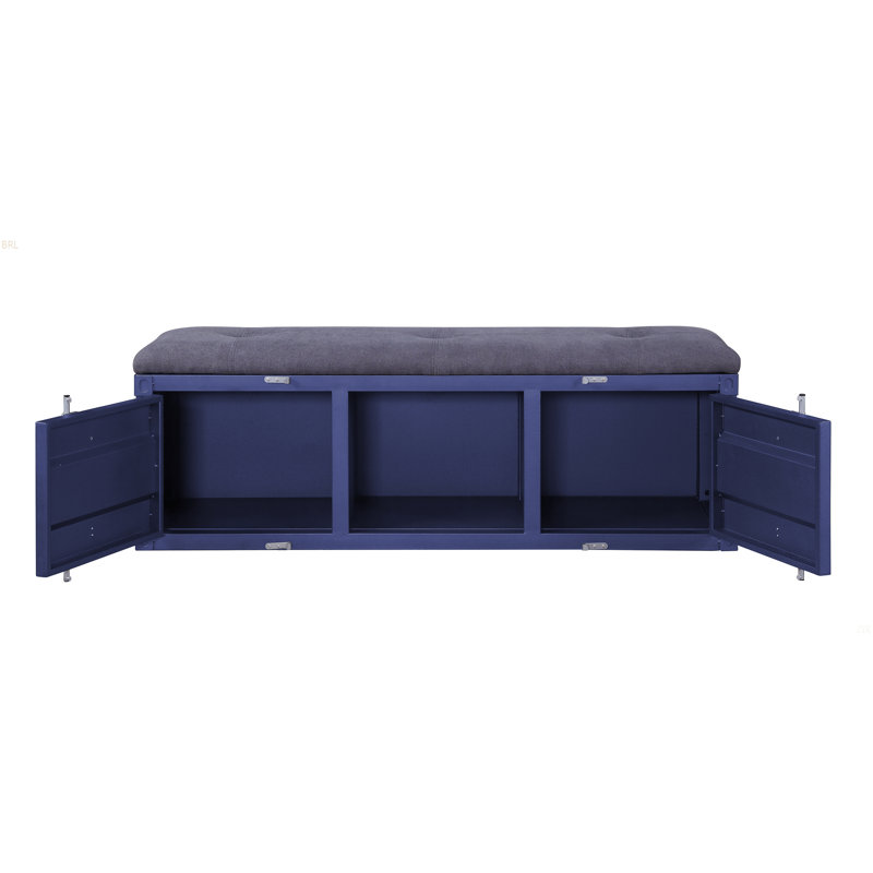 Banc de rangement de style industriel gris et bleu avec amplement d'espace pour la fabrication d'articles de chambre à coucher