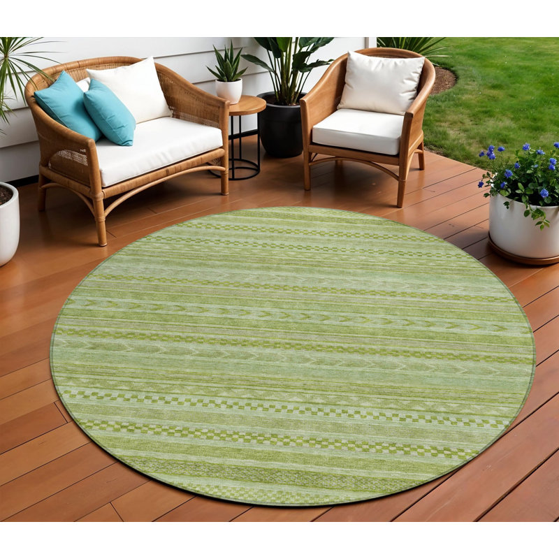 Tapis intérieur lavable rayé rond vert et sauge 8 pi