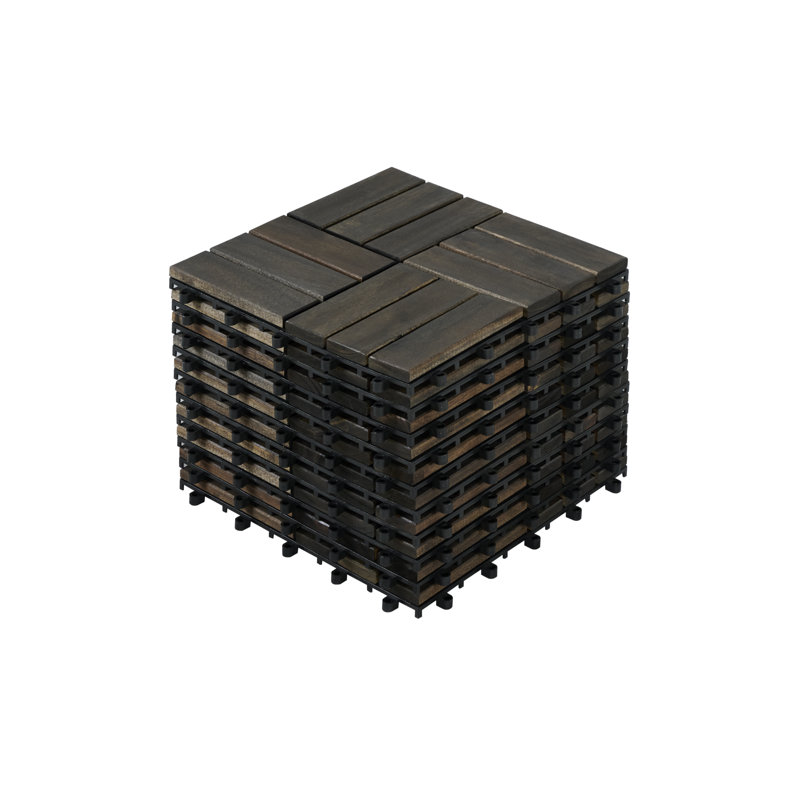 Acacia Wood Interlocking Deck Tiles 12"x12" Dark Brown Square(10pcs)-Checker Pattern