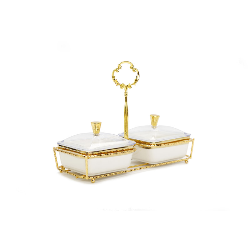 Plat à déguster en porcelaine blanche à 2 bols sur base dorée - L 8,25 po