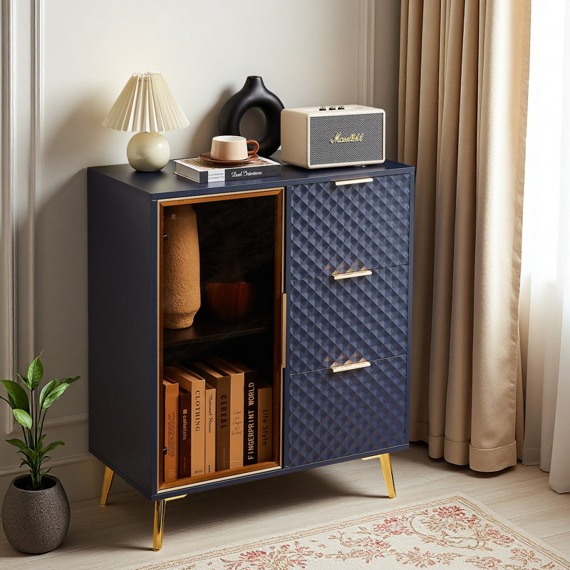 Commode en bois Thane avec 3 tiroirs et portes en verre, Bleu très foncé