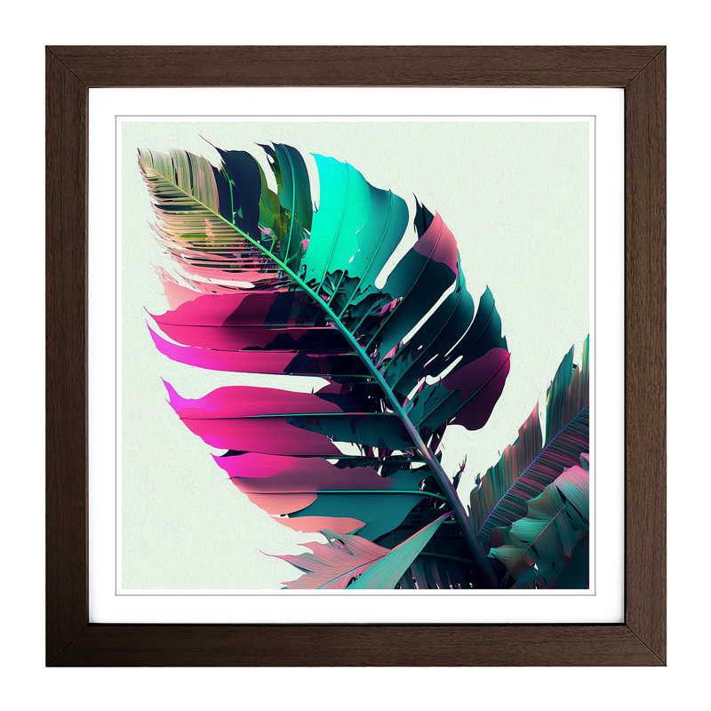 Tropical Leaf Glitch Art - Single Picture Frame Print on Wood, Walnut