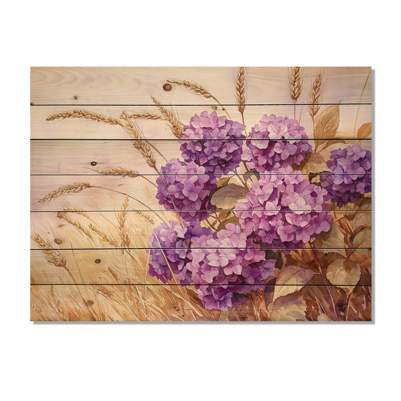 Hortensias dans la récolte de blé III - décoration murale en bois d'hortensias - sur bois de pin naturel, H 10 po x l 20 po