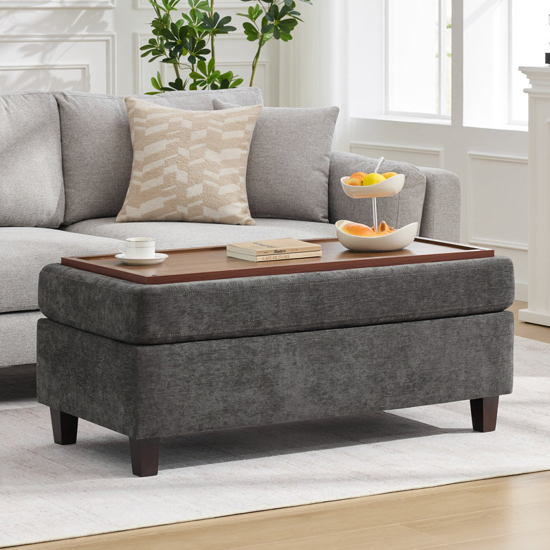 Multi-Functional Ottoman Bench for Living Room, Flip-Top Design with Wooden/Cushion Reversible Lid, Dark Gray