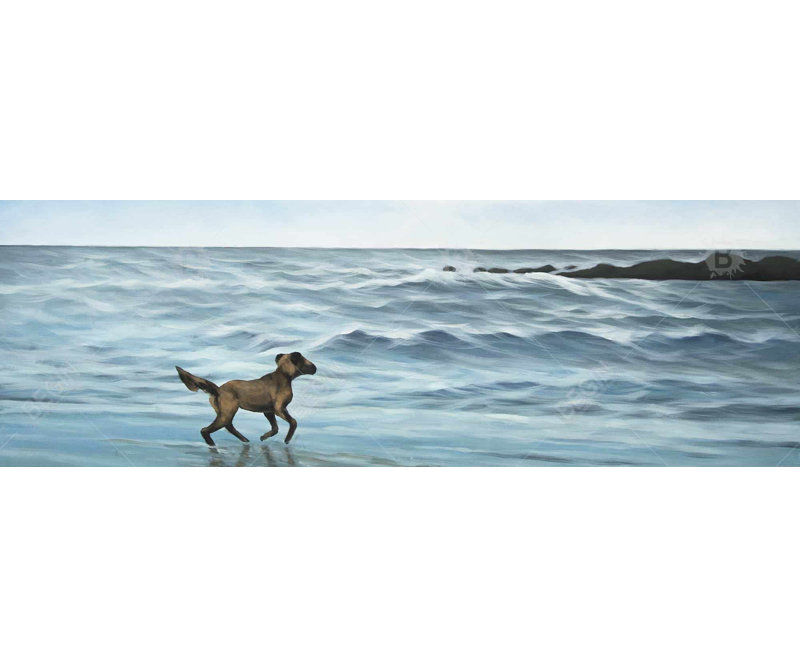 Chien sur la plage, reproduction sur toile, H 20 po x l 60 po