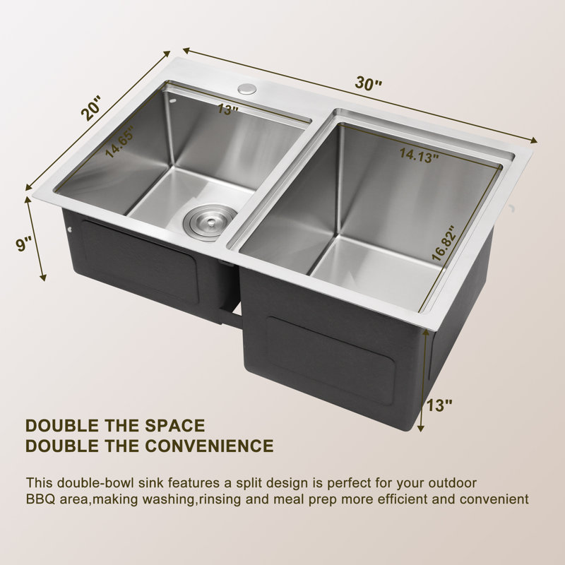 30'' L x 20'' W Drop-in Workstation Kitchen Sink, Stainless Steel Double Basin Outdoor Sink with Difference Depth