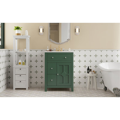 Meuble-lavabo de 24 po avec lavabo en céramique, motif en croix, poignées en métal et rangement spacieux pour les petits tiroirs à fonctions modernes