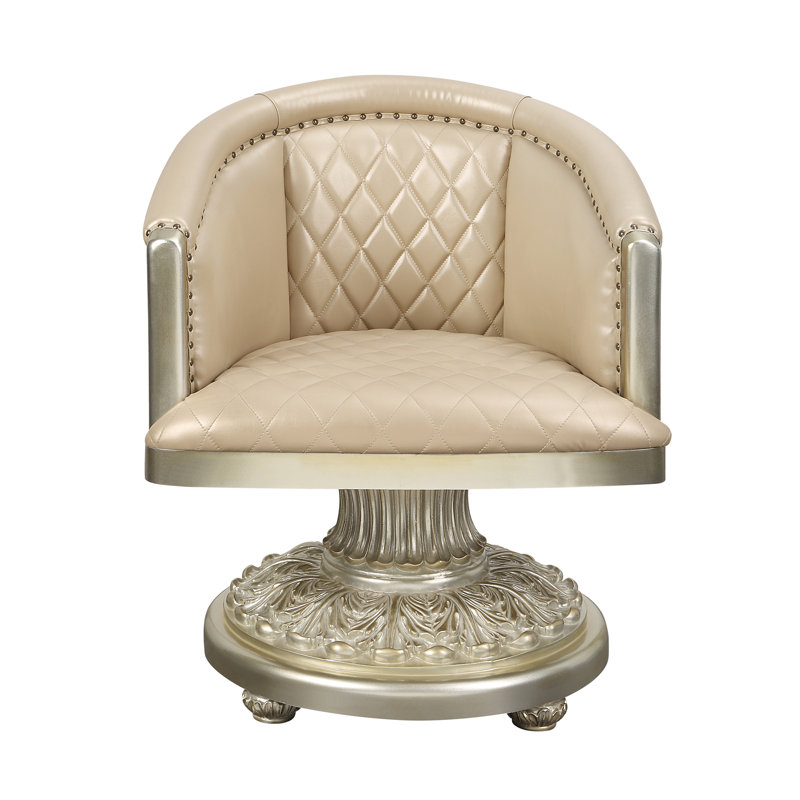 Antique Gold Floral Faux Leather Dining Chair with Wood Base
