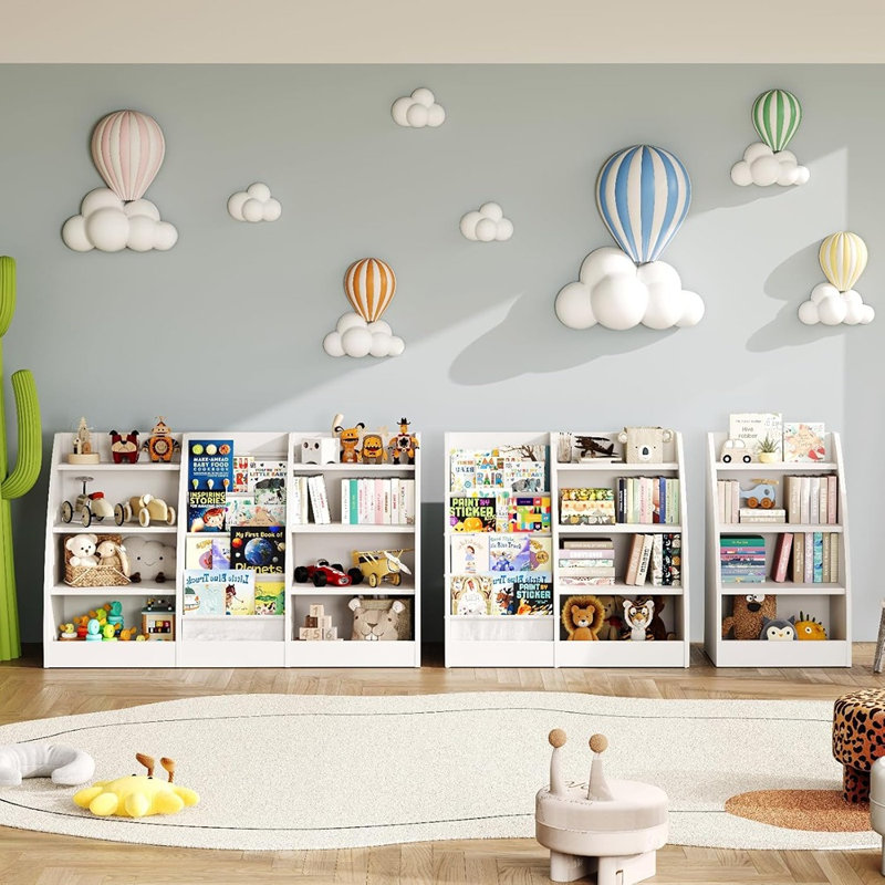 Bibliothèque à 4 niveaux avec bibliothèque en bois et organisateur de jouets