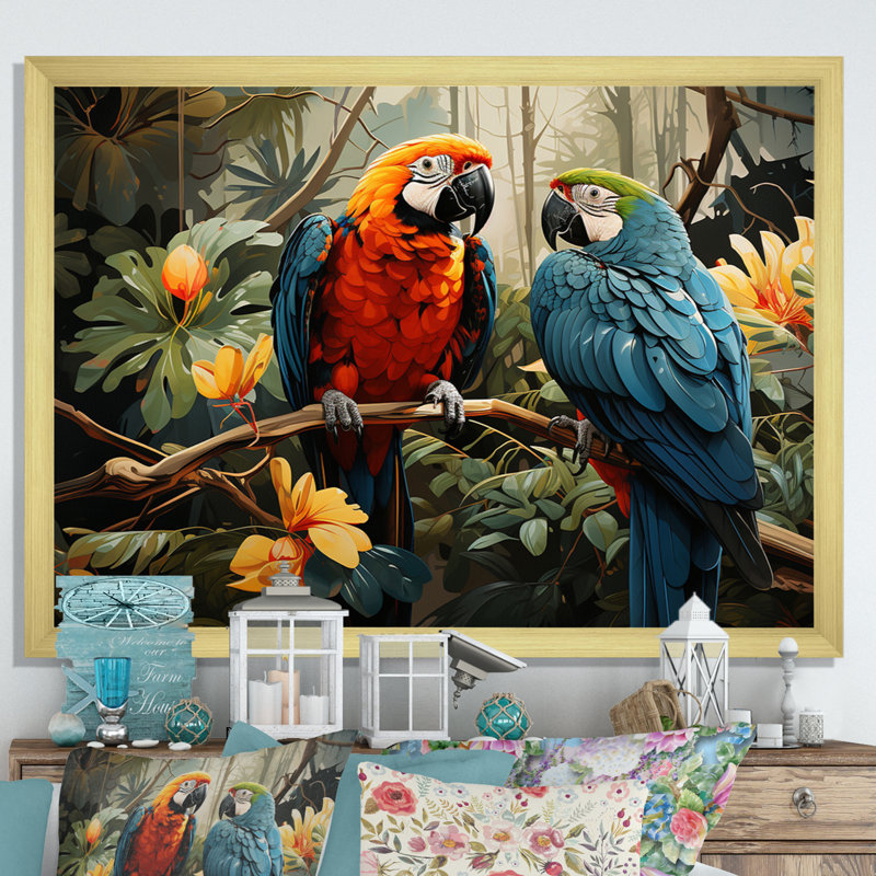 Tropical Parrot Plumage I, 16" H x 32" W x 1" D, Gold Single Picture Framed
