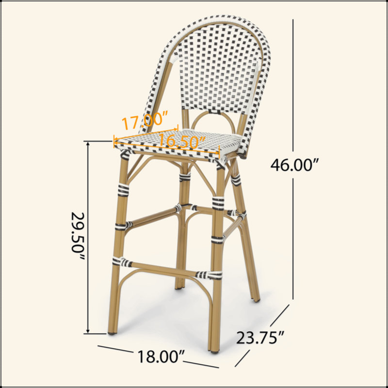 Tabouret de bar d'extérieur français en rotin de 29,5 po avec structure en aluminium et finition bambou (ensemble de 2)