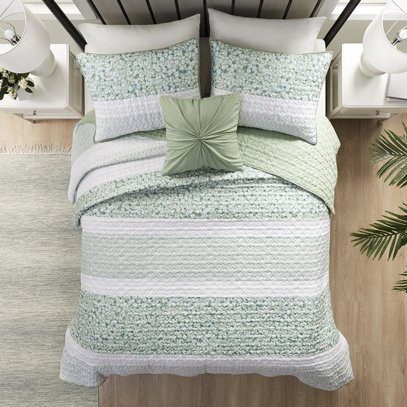 Courtepointe Seersucker 4 pièces double / grand, imprimé botanique, rembourrage, lavable avec coussin décoratif double / grand, imprimé floral, machine