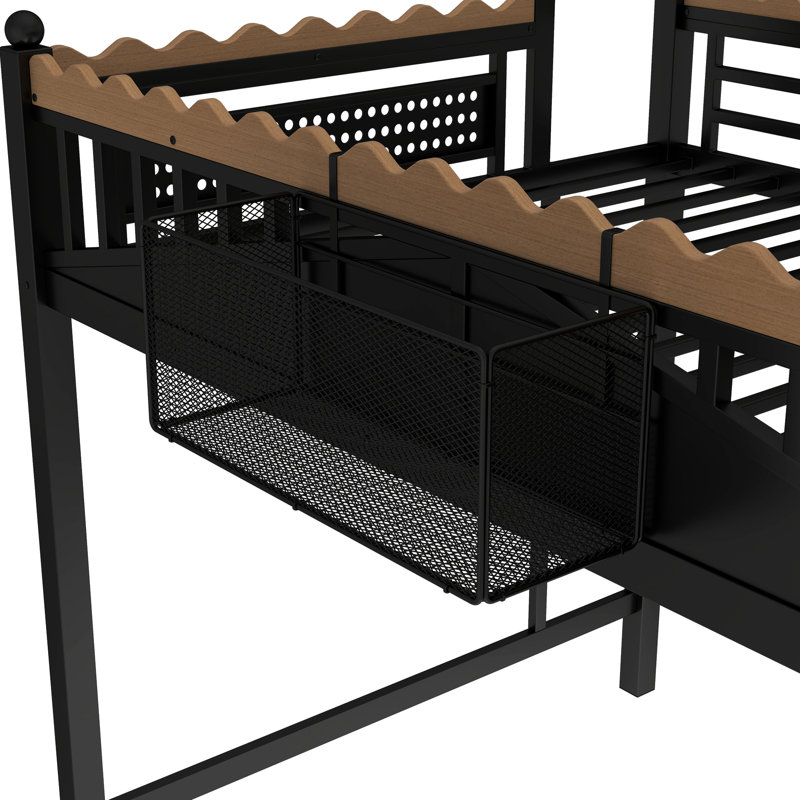 Lit mezzanine double en métal pleine grandeur noir, avec des échelles, des tablettes de rangement et une bibliothèque, facile à assembler avec de petits espaces de couleur noire
