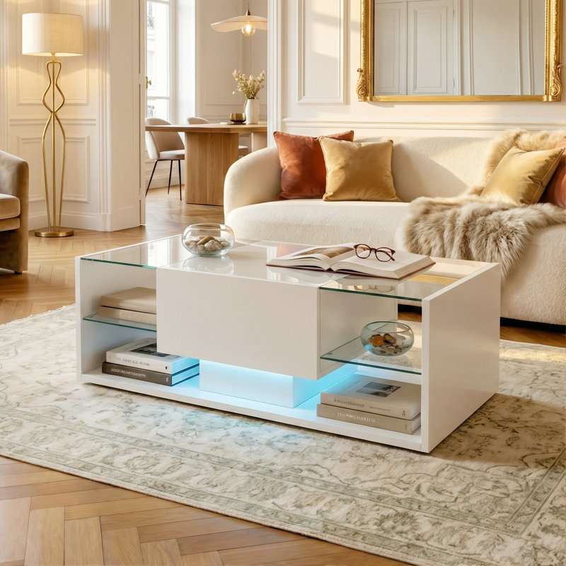 Solid Coffee Table with Storage, White