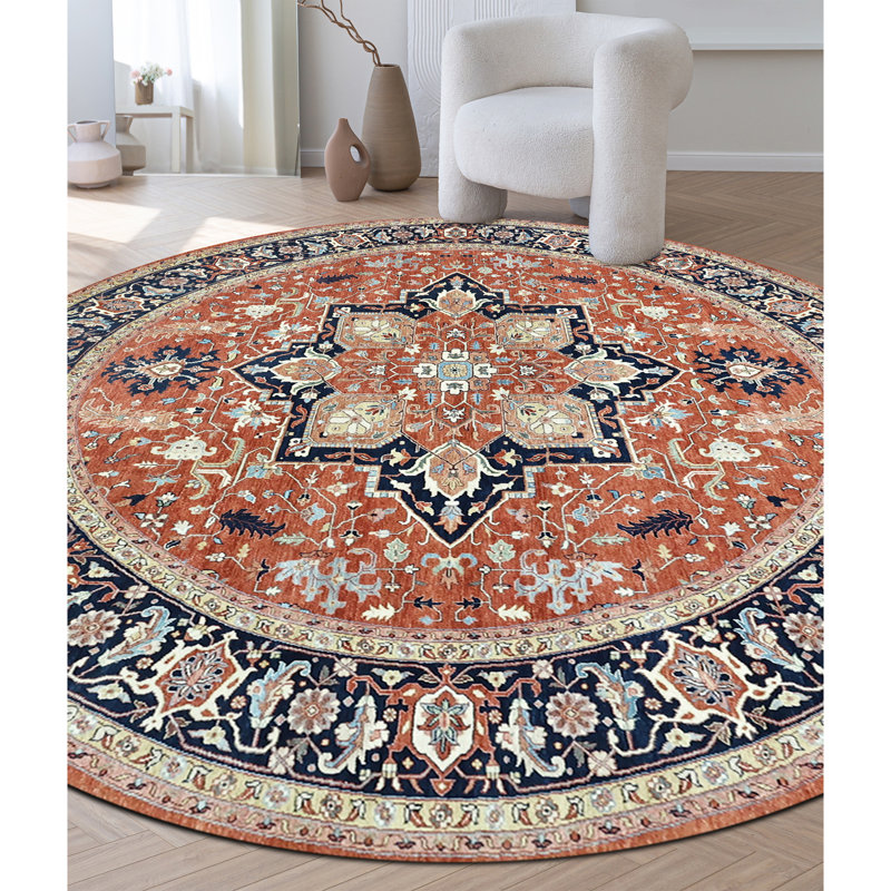 Hand Knotted Wool Area Rug in Red And Navy, Round 10'