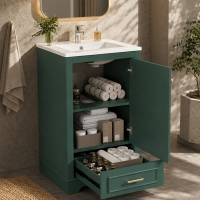 Ensemble meuble-lavabo autoportant moderne de 51,3 cm (20,2 pouces) avec lavabo en céramique et porte à fermeture en douceur