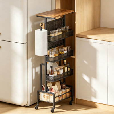 Chariot de rangement étroit avec plateau en bois, chariot utilitaire à roulettes avec porte-essuie-tout, chariot de cuisine gain de place pour les petits espaces, organisateur polyvalent pour garde-manger et salle de bain