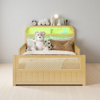 Cadre de lit avec lumières DEL et tête de lit avec rangement, lit plateforme avec barrières de sécurité pour enfants