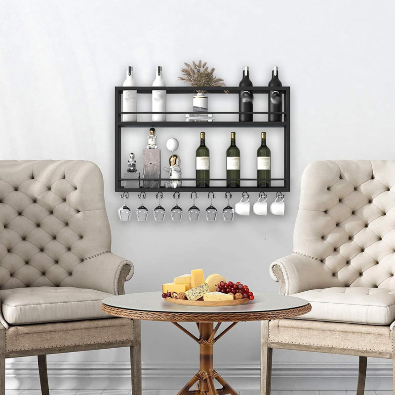 Support à vin industriel mural, étagère à bouteilles de vin en bois à 2 niveaux avec porte-verres à pied, support à verres à vin noir et support à vin multifonctionnel pour la cuisine de la salle à manger (31,4 x 7,8 x 26 po)
