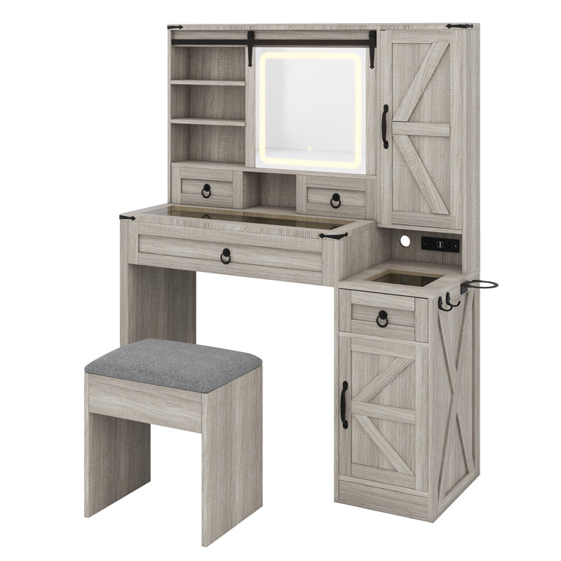 Farmhouse Vanity Desk with Sliding Mirror, LED Lights, and Built-in Charging Station, Gray