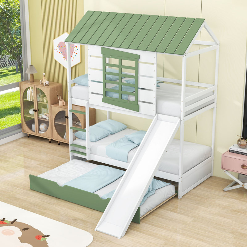Twin Over Twin Wooden House-Shaped Bunk Bed With Slide, Twin Trundle And Guardrails