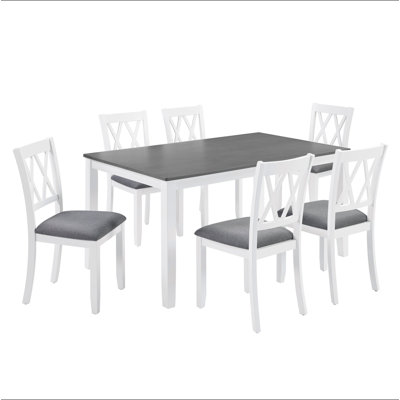 Modern 7-Piece Solid Wood Dining Set with 6 Upholstered Chairs – Two-Tone Rectangular Table for 6, Space-Saving Kitchen & Dining Room Set, Easy Assemb