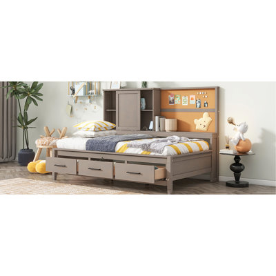 Antique Gray Twin Lounge Bed With Versatile Storage, Cork Board, Ports And 3 Drawers Daybed Abundant Drawers,