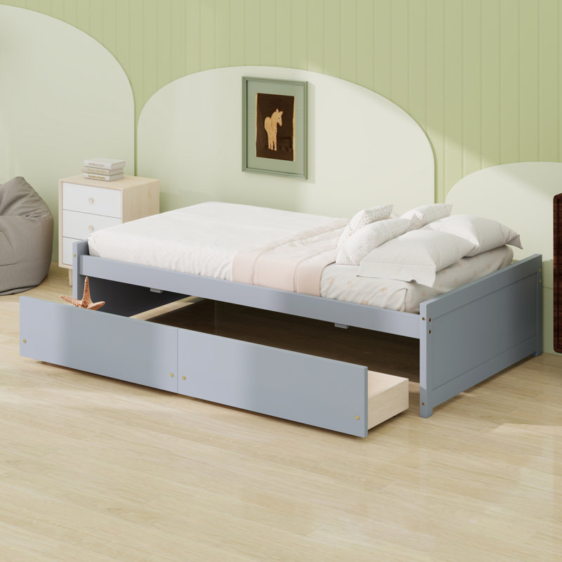 Solid Rubber Wood Bed With 2 Drawers For Storage, Gray