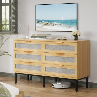 Bay Isle Homeâ„¢ 6 Drawer Dresser, Modern Wood Dresser With Metal Brackets, Closet Dresser For Bedroom, Living Room, Entry Way, Natural