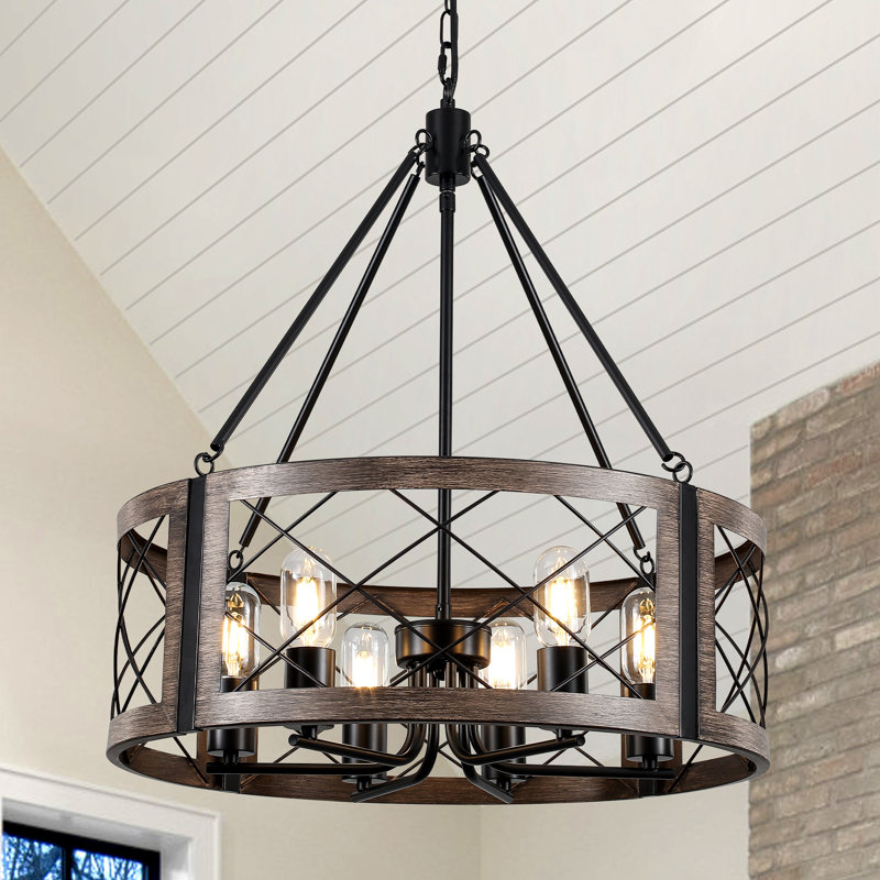 Napeague 6 - Light 21.65" Dimmable Drum Chandelier with Distressed Grain Accents, Black/Imitation Wood Grain