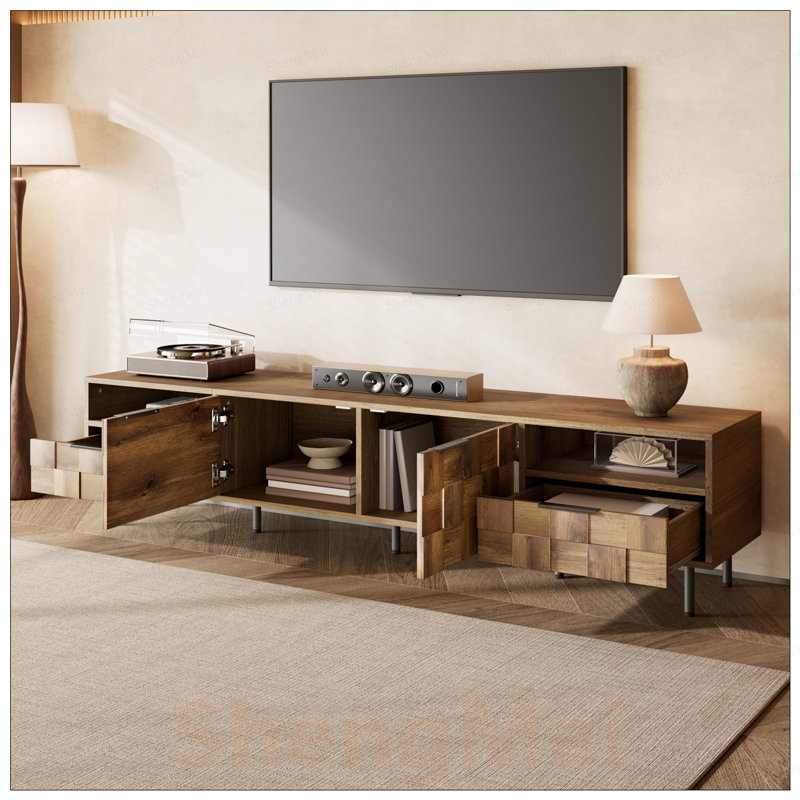 Meuble télé Mid-Century avec 2 tiroirs, console multimédia pour téléviseur de 85 po ou moins, centre de divertissement avec rangement spacieux et gestion des câbles