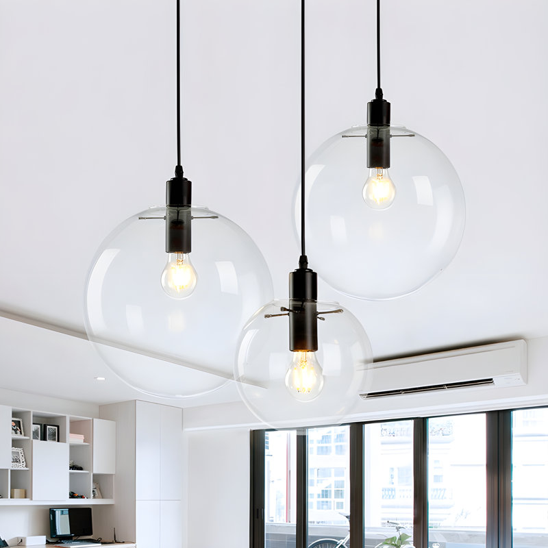 Modern Glass Pendant Light – Crystal Ball Chandelier with Creative Design, Height Adjustable Hanging Lamp for Living Room, Black Indoor Luminaire