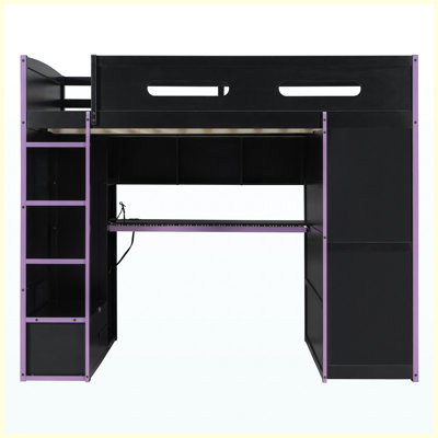 Full size wood loft bed with desk, wardrobe, ample storage space and RGB light, Purple