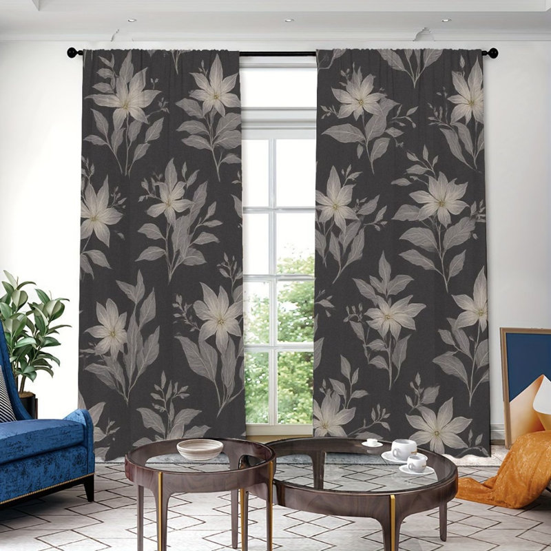 2Pcs Elegant Floral Curtains, Grey and White Botanical Pattern, Rod Pocket Light Filtering, Vintage Chic Style, All-Season For Living Room Bedroom Window Decor