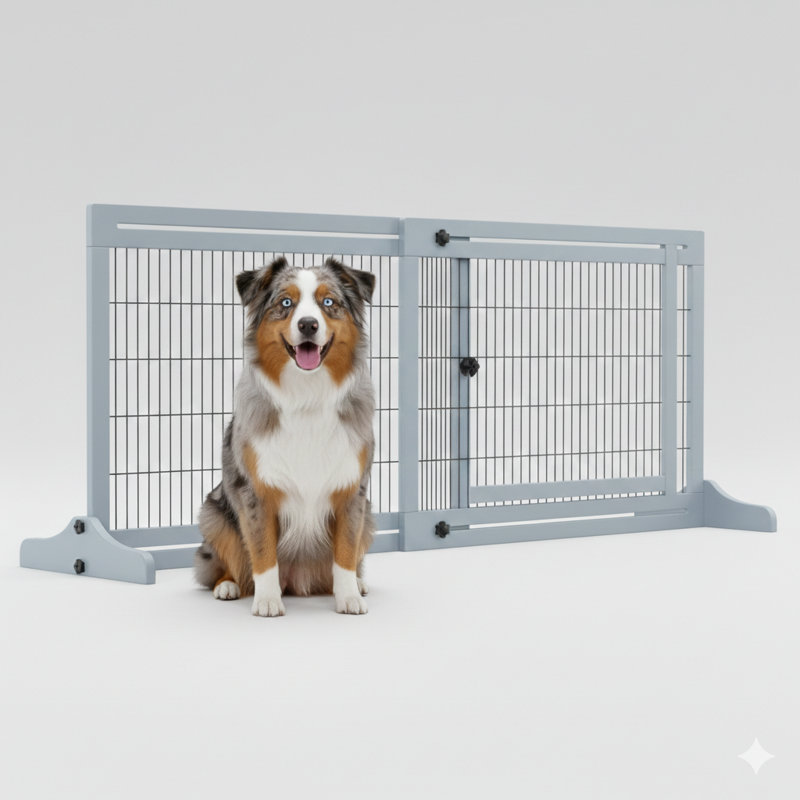 Barrière pour animaux autoportante très large de 72 po x H 27,25 po avec longueur réglable pour chien, chat, barrière pour la maison, porte, couloir, bleu-gris